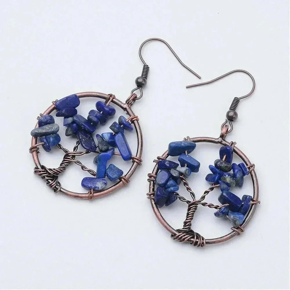 Rustic Antique Copper Lapis Lazuli Tree of Life Gemstone Beads Dangle Earrings - Picture 1 of 1
